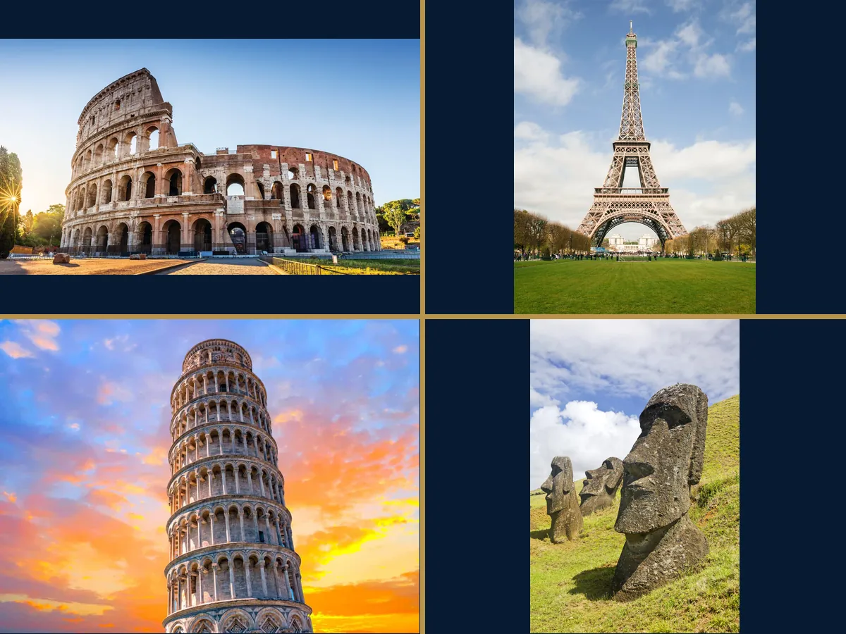 Composición de viaje mundial con el Coliseo, la Torre Eiffel, la Torre de Pisa y estatuas moái